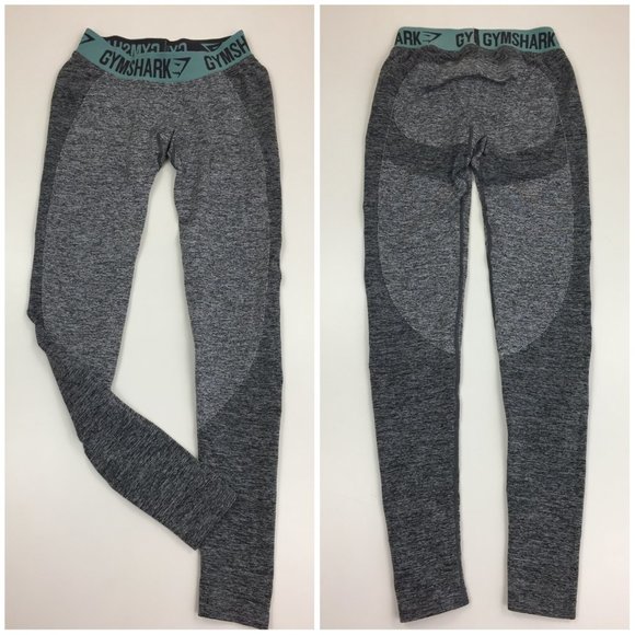 GYMSHARK Gray Charcoal Mint Green Logo Waist Butt Enhance Moisture Wick Leggings - Picture 1 of 9